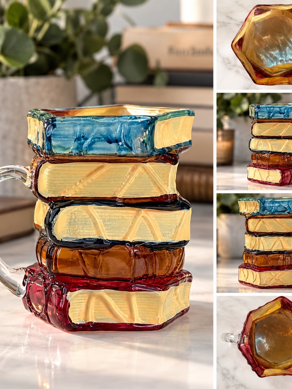 Stacked Books Glass Mug 3D Multicolor Book Lover Librarian Teacher Coffee Cup